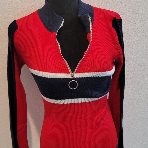 Red and Blue O-Ring Zipper Sweater - Picture 16 of 17